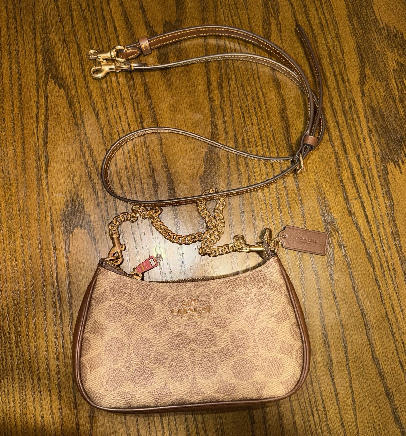 coach teri mini crossbody bag in signature canvas with beige and brown monogram