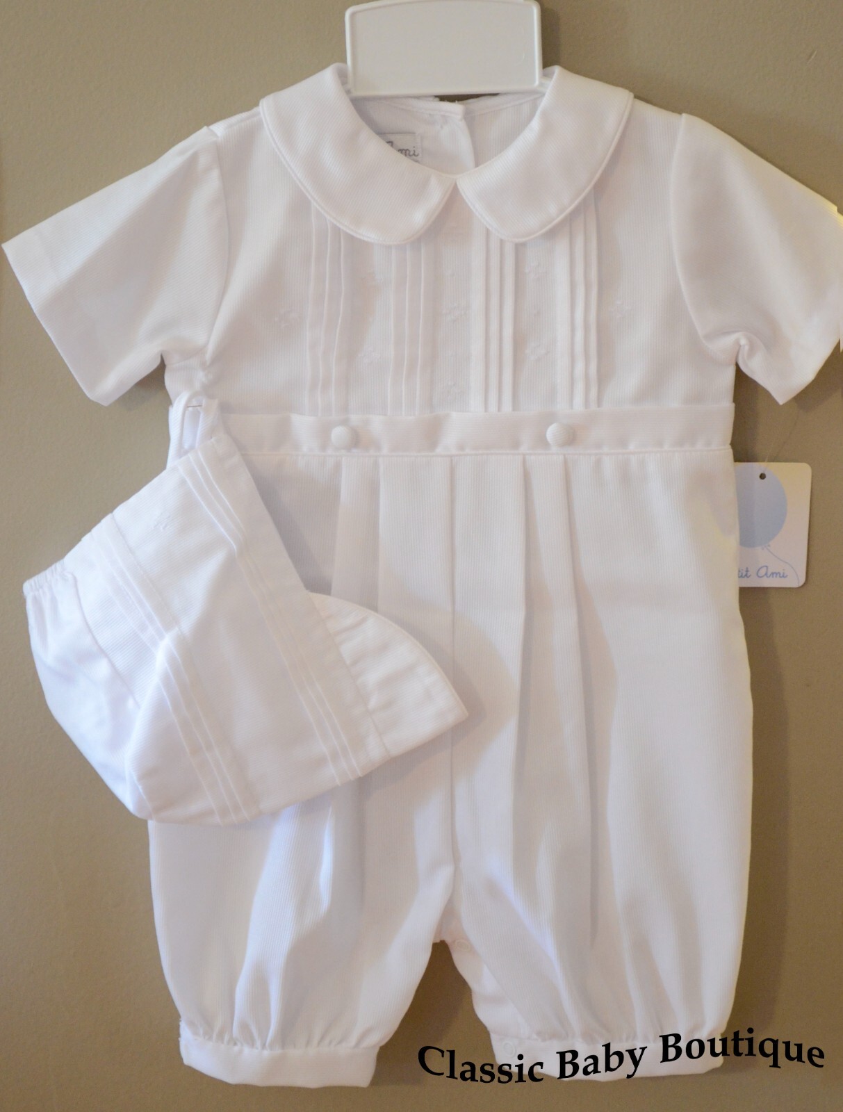 NWT Petit Ami Boys White Pintuck Romper Hat 9 Months Baby Baptism Christening 9M