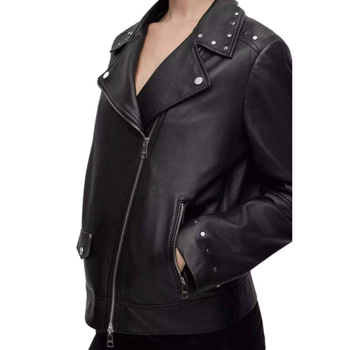 Black Leather Biker Jacket with Asymmetrical Zip & Snap Collar