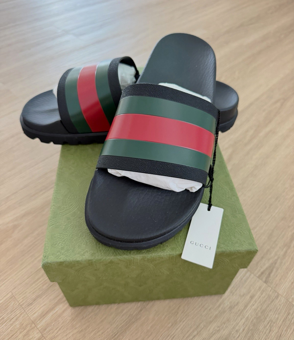 Gucci Pursuit 72 Web Stripe Logo Leather Slide Sandals Black 10 M New Box