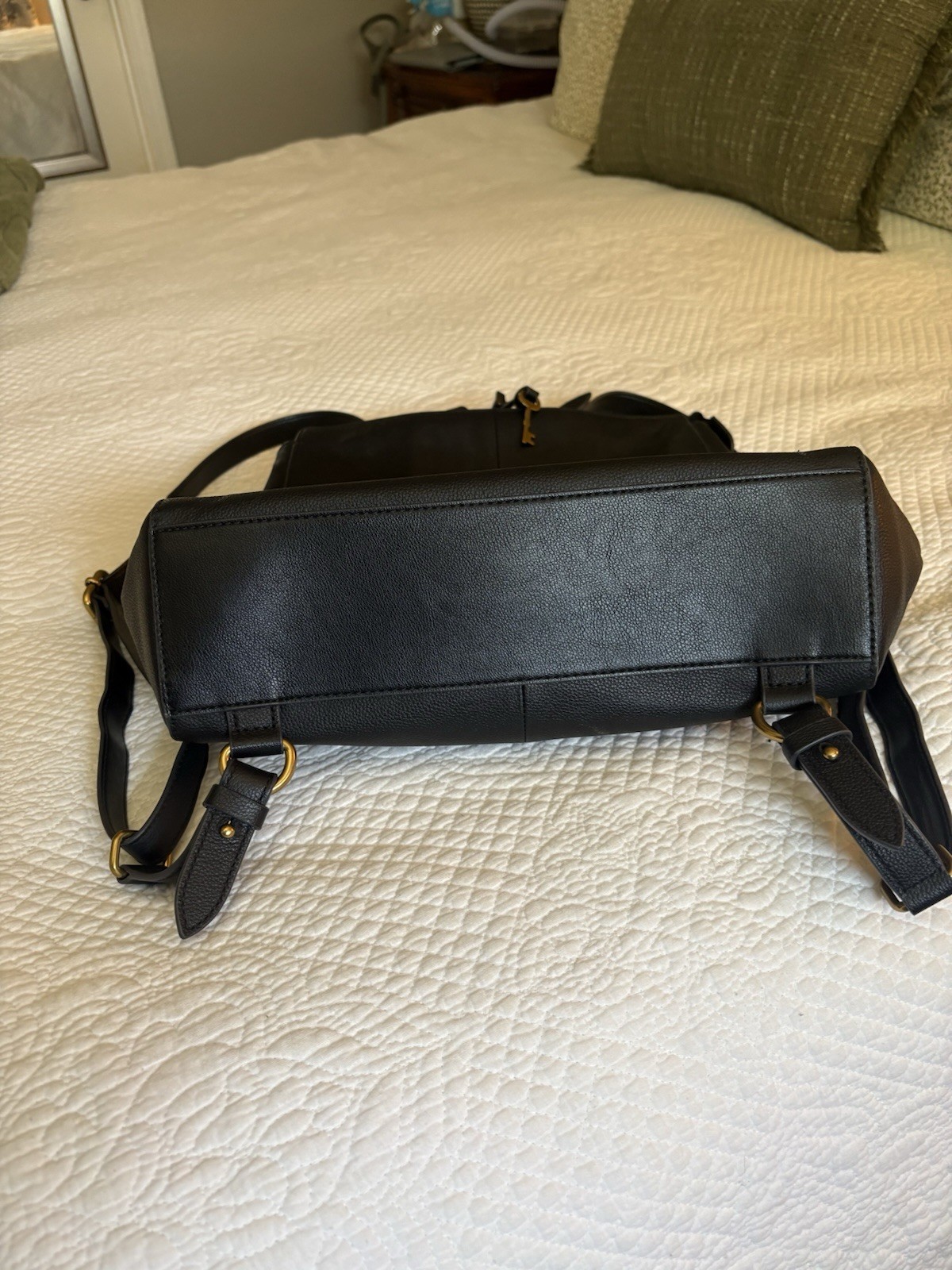 Fossil Black Leather Backpack Gold Hardware Zip Closure Pockets