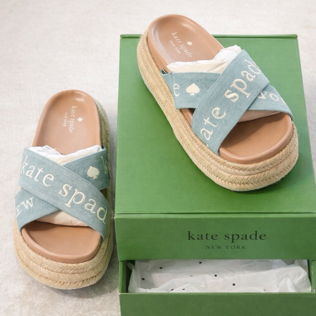NIB Kate Spade 8.5 Denim Blue Piper Platform Espadrille Slide Sandal
