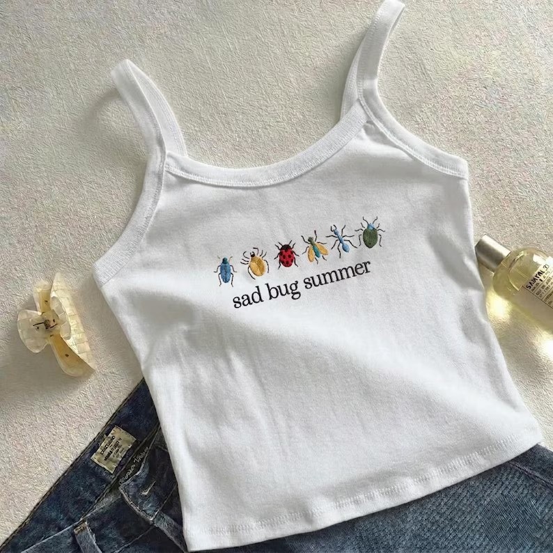 Sad Bug Summer Embroidered Tank Top Trendy Weirdcore Graphic Crop Top