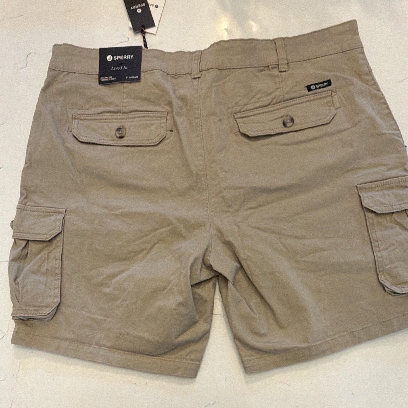Sperry Men’s Washed Tan Cotton Cargo Shorts Flat Front Zip Cargo Pockets