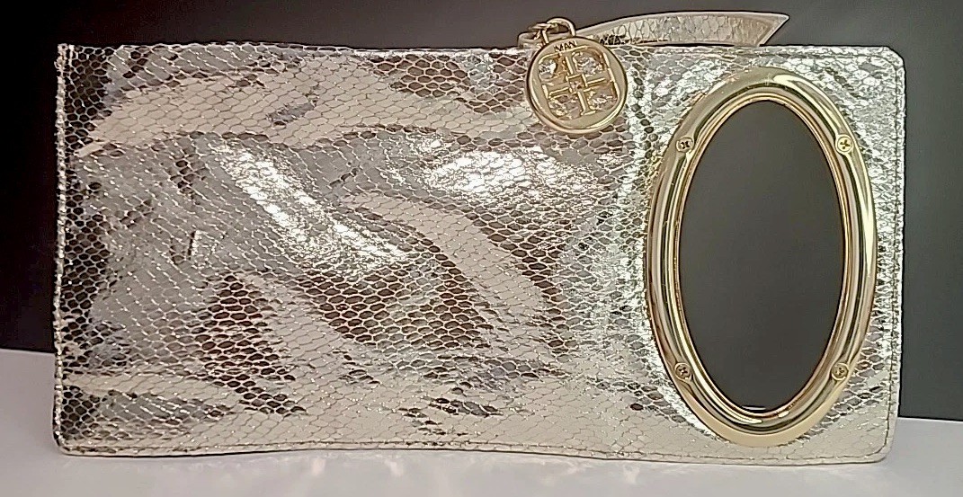 IMAN Metallic Metal Mesh Mini Clutch Silver Zippered Side Open Logo Metal Pull