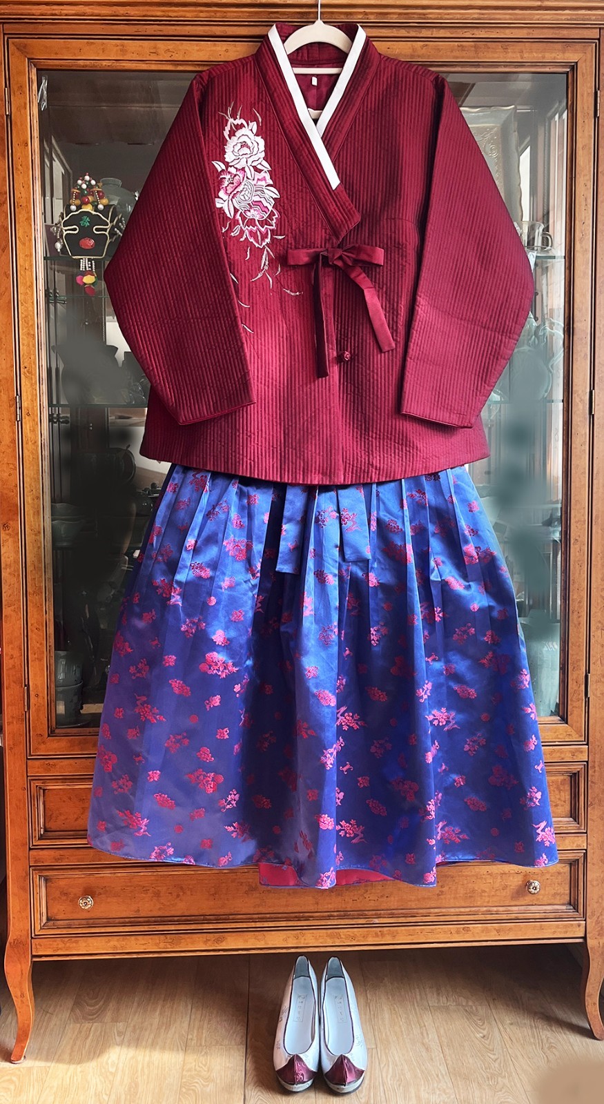 S-M Traditional Korean Modern Hanbok Set-Quilted Nubi Burgundy Top/ Pants /Scarf