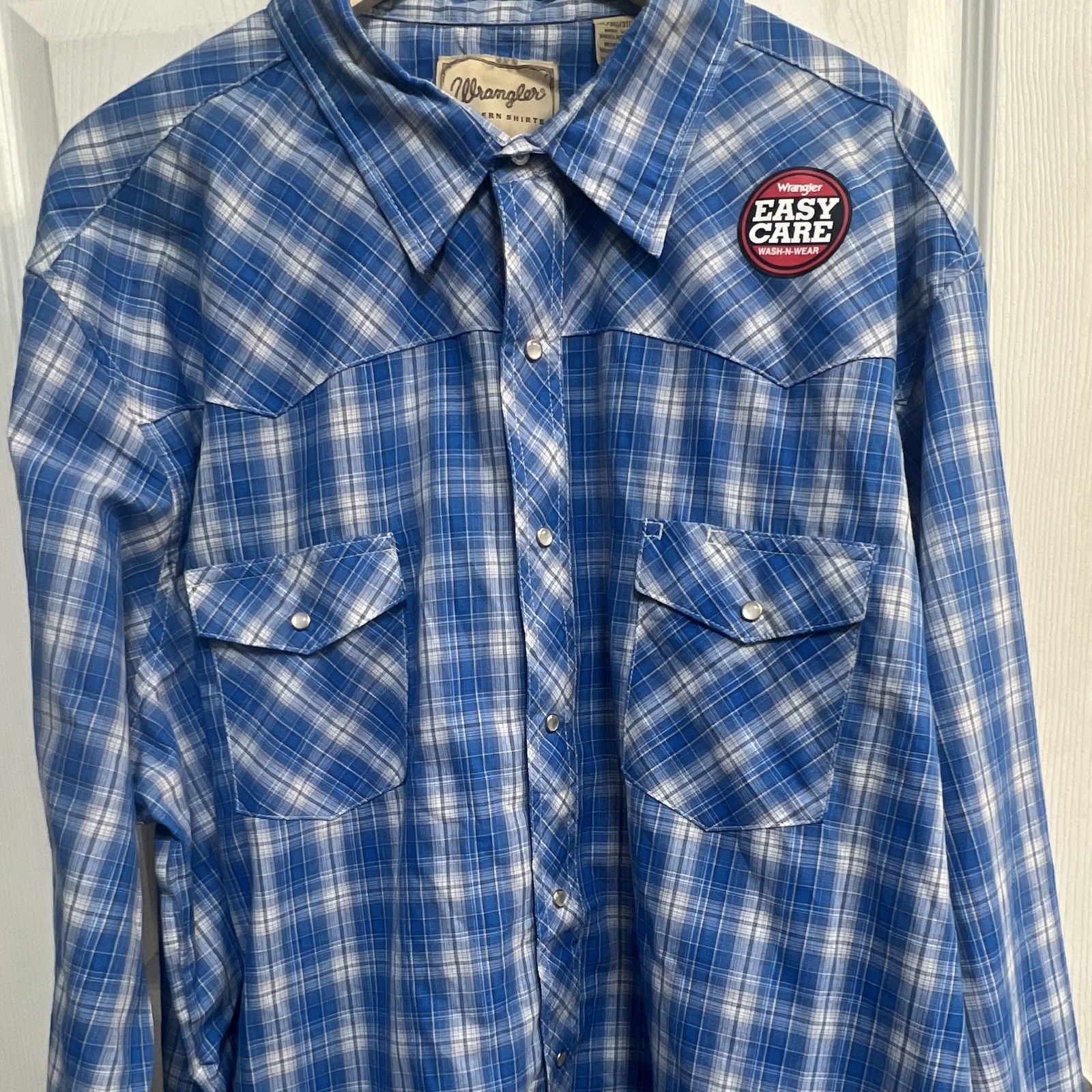 Wrangler Western 3XL Big & Tall Blue/White Plaid Easy Care Snap Button-Up