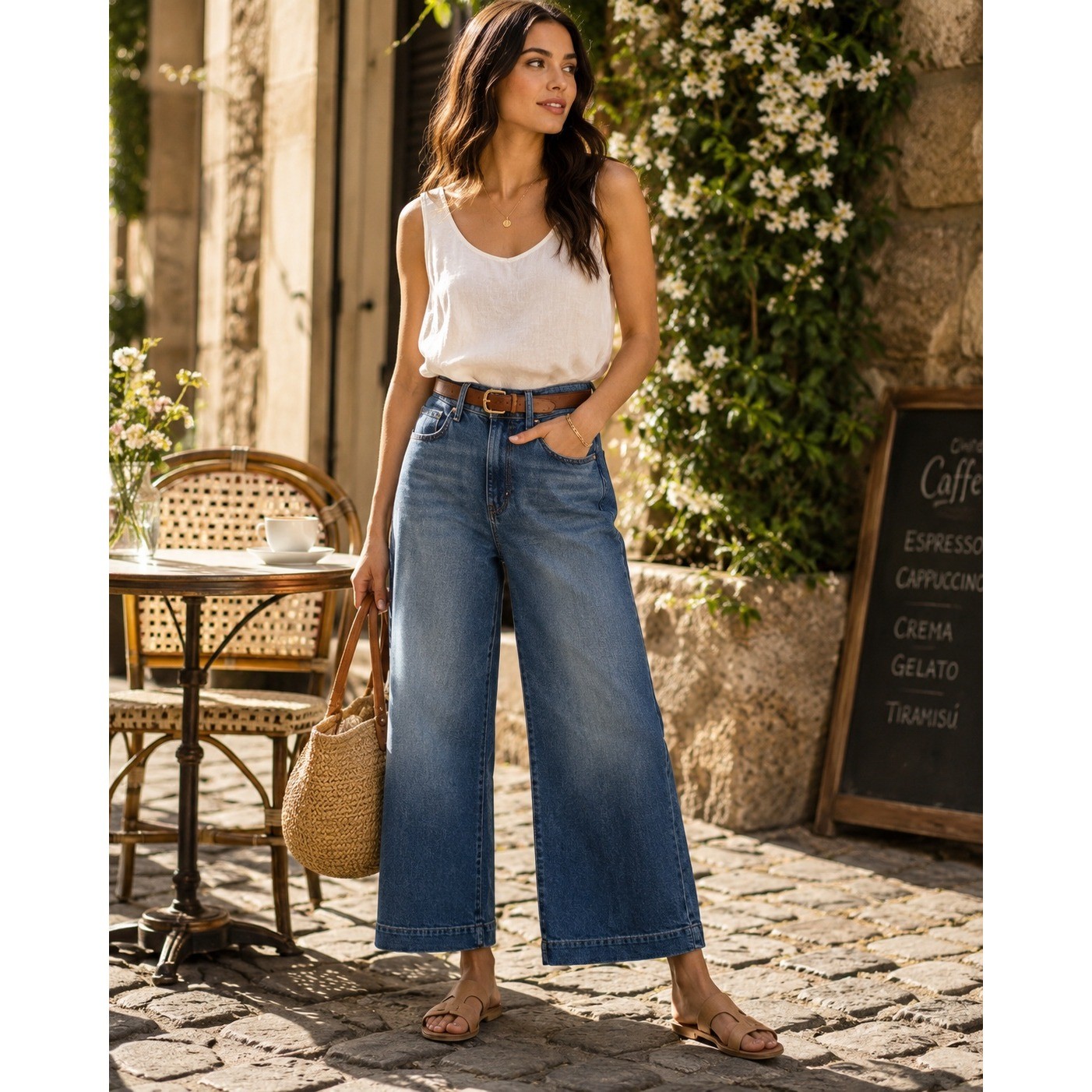 ana Womens High Rise Wide Leg Jeans 6P Med High Seas Blue Stretch Denim Petite