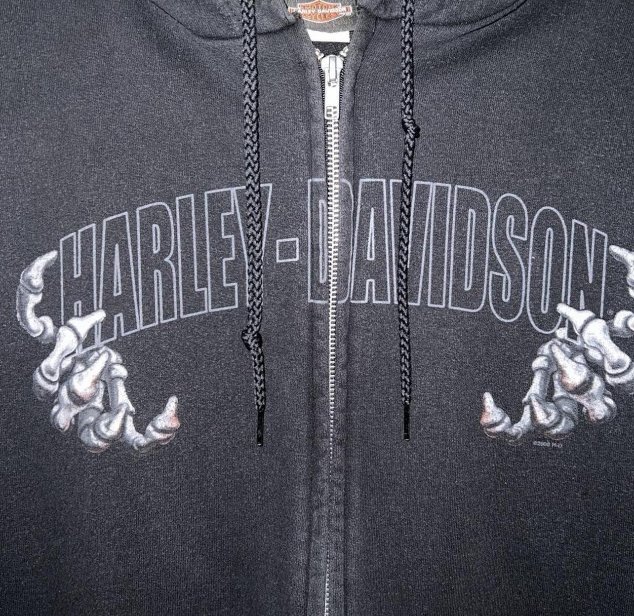 VTG 2008 Harley Davidson Skeleton Hands Zip Hoodie M Sierra Vista AZ Y2K Grunge