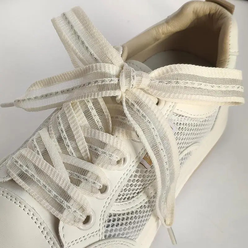 1pair 2cm Bow Wide Flat Shoelaces Fish Silk Transparent Striped Shoelaces Sneake