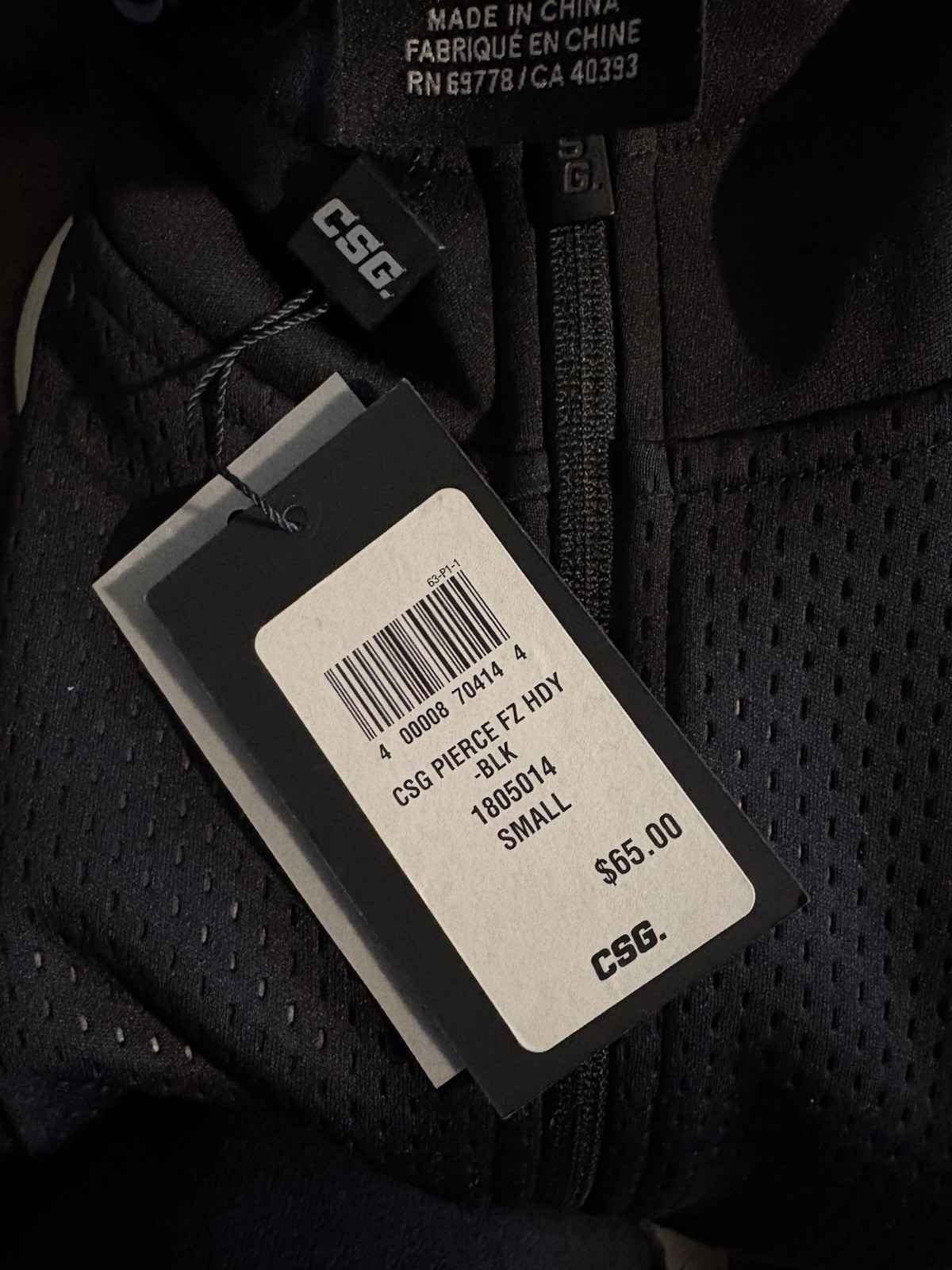 CSG Pierce Performance Full Zip Hoodie Black Small NWT Reflective Zip Pockets