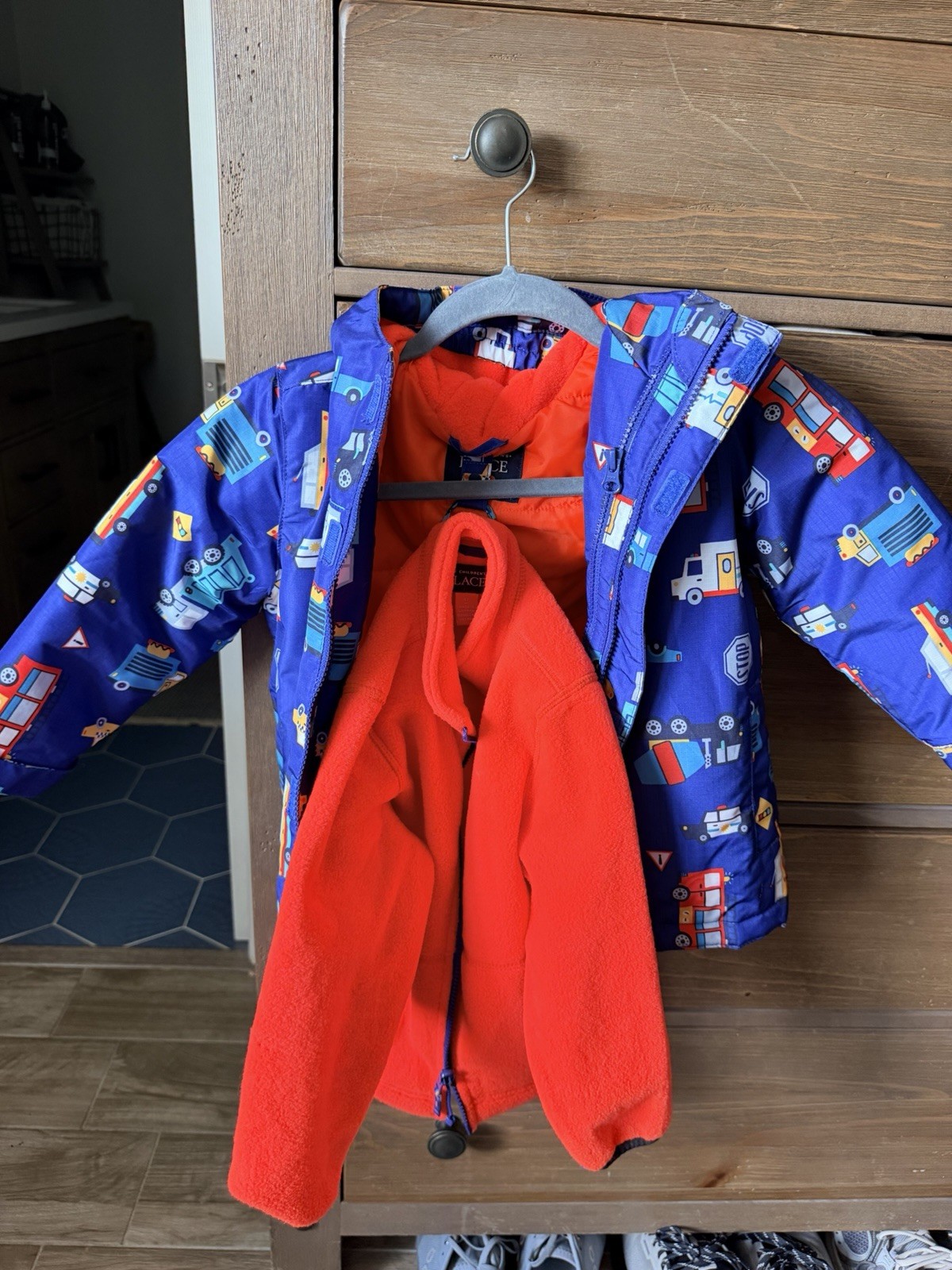 The Children’s Place 3-in-1 Hooded Zip Jacket Fleece Vehicles Blue/Orange 4T