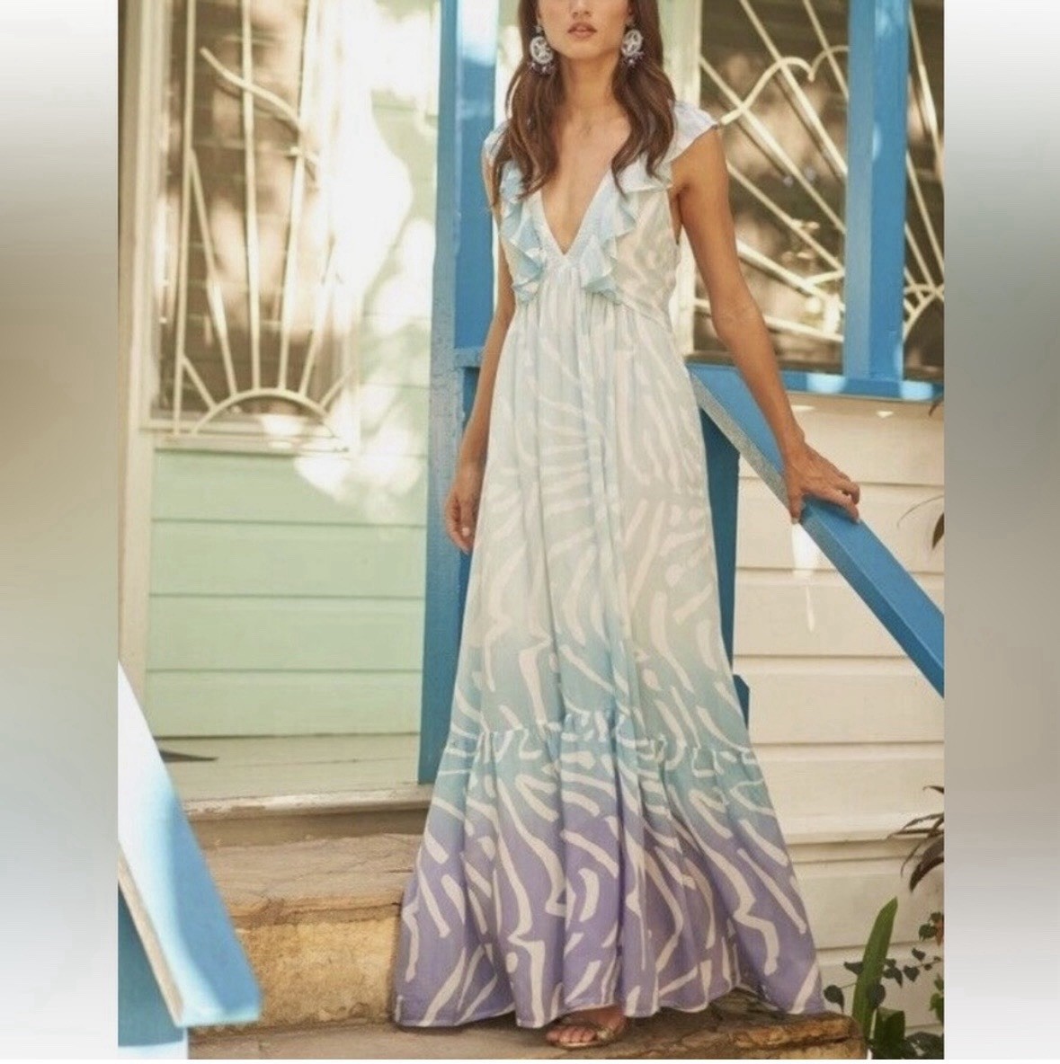 Oliphant Ruffle V-Neck Zebra Pastel Blue Purple Ombré Cotton Silk Maxi Dress S