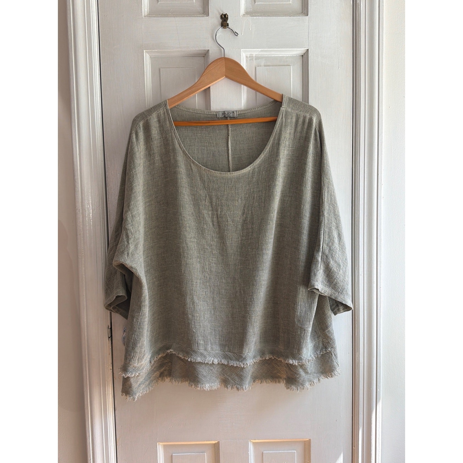 Struan Linen Blend Raw Edge Raw Hem Oversized Boxy Blouse Green One Size