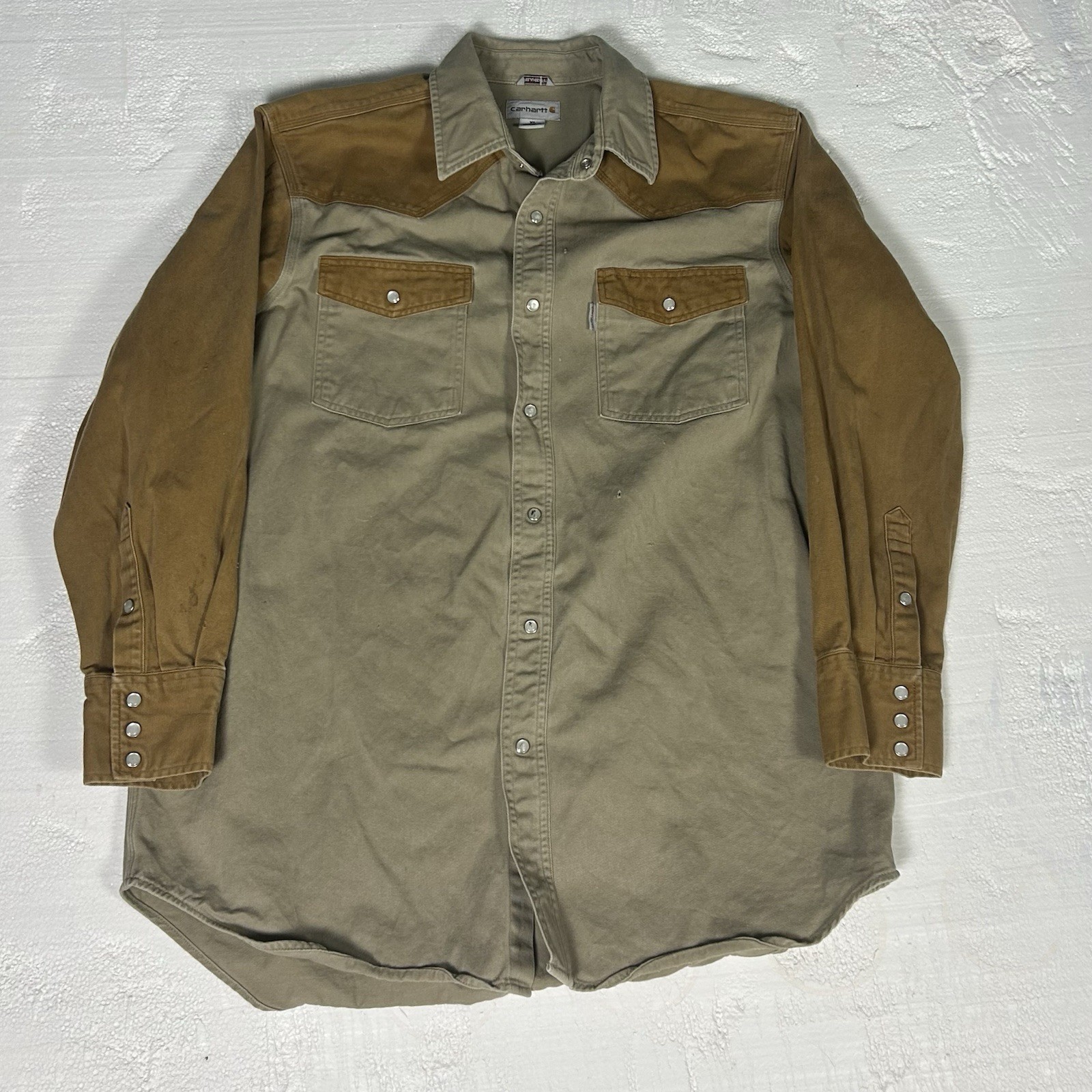 Carhartt Men’s Canvas Pearl Snap Shirt XL 2 Tone Color Block Brown Western