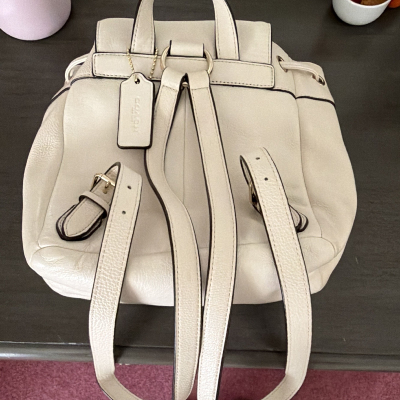 Coach Ivory Backpack Turn Lock Drawstring Logo Gold Hardware Bag Charm Designer