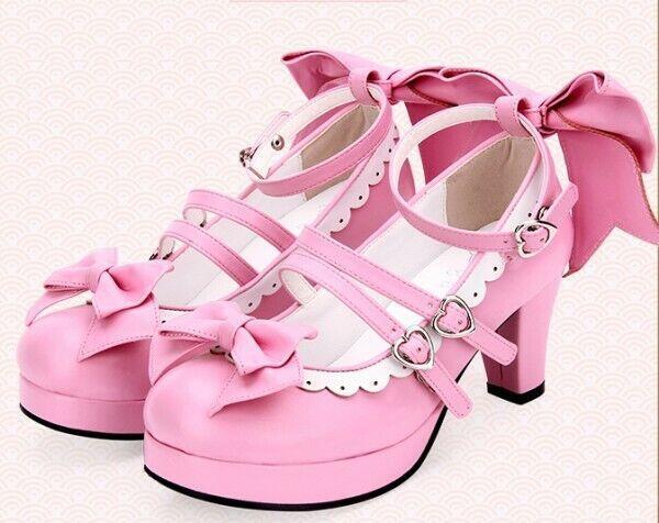 Lolita Women’s Mid Heel Cosplay Shoes Bowknot Platform Sweet Candy Shiny Leather