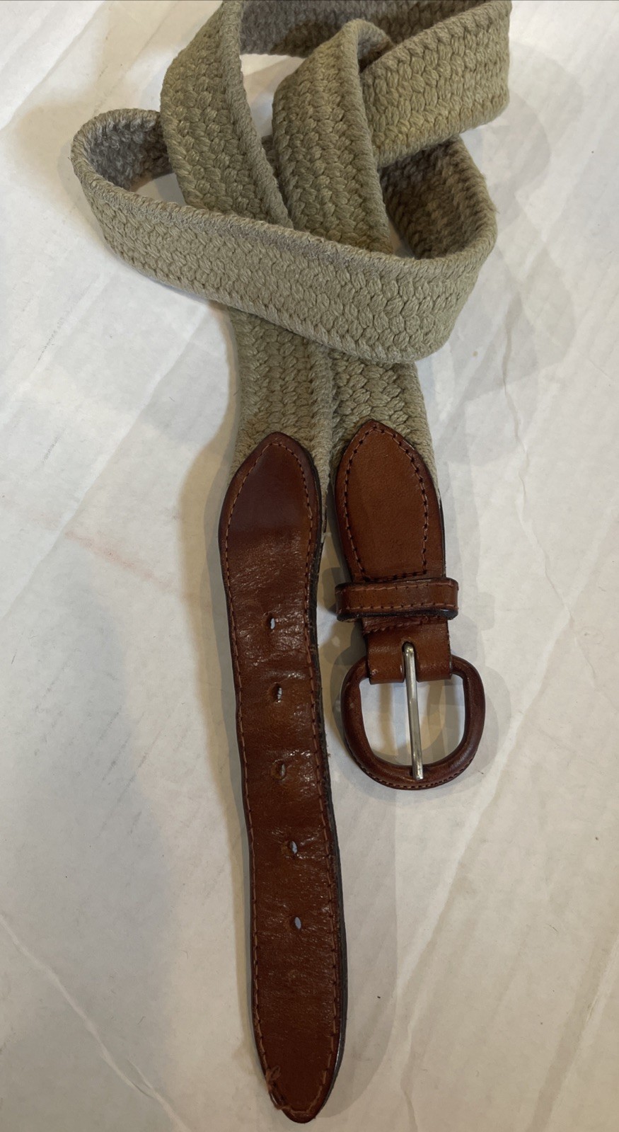 ORVIS MENS BRAIDED BEIGE BELT NYLON LEATHER STRETCH EUC NICE VTG PREPPY!