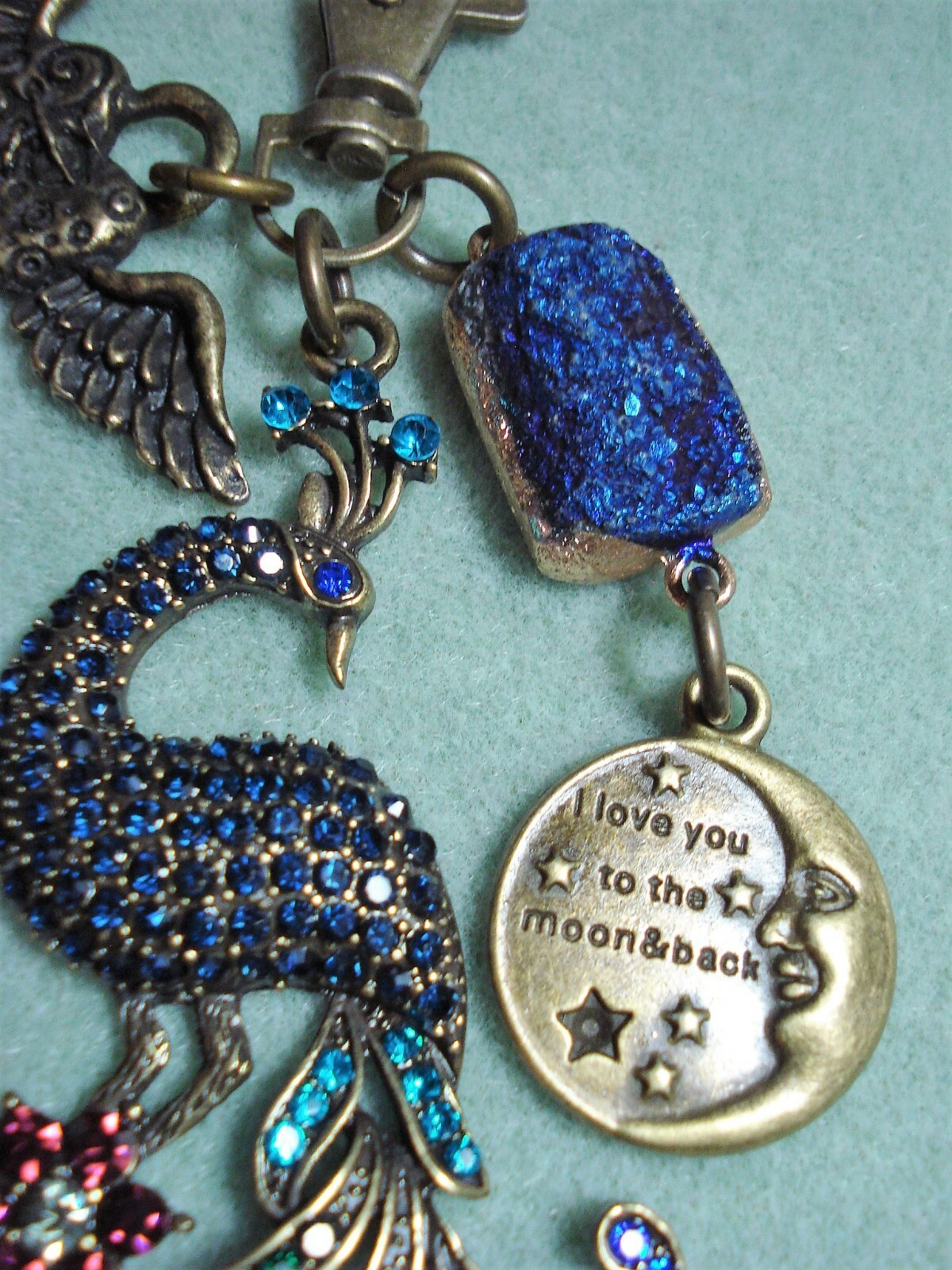 4 3/4″ Drop Royal Blue Peacock, Druzy, Heart, “Love you to the Moon…” Dangle