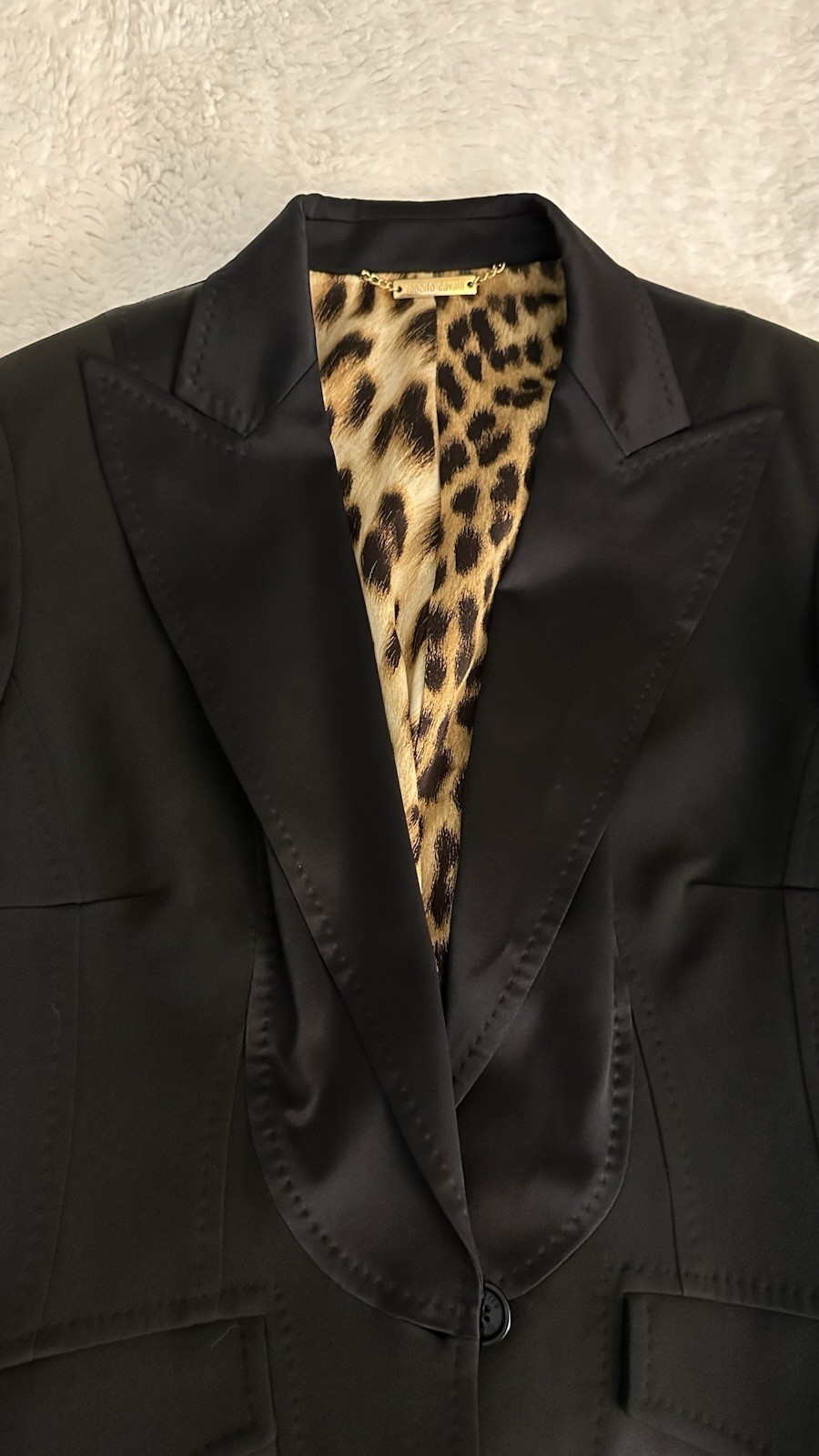 Roberto Cavalli Black Satin Cropped Peak Lapel Leopard Lined Blazer 6