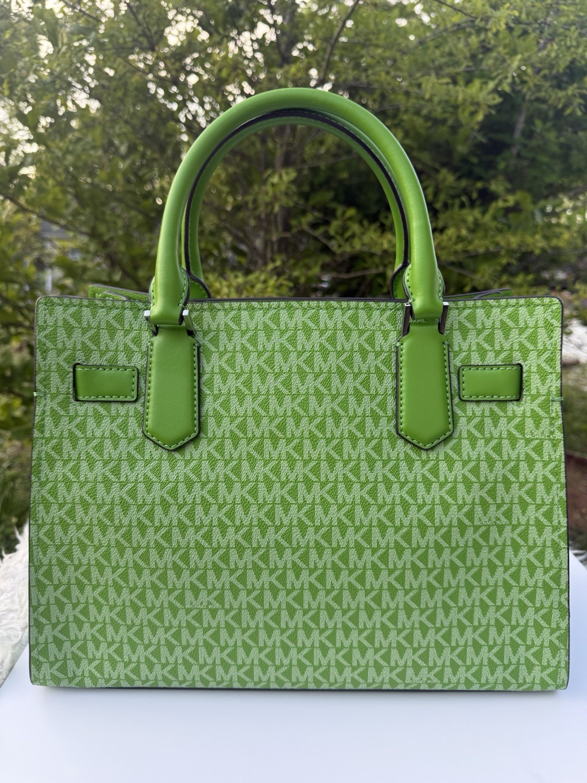 Michael Kors Medium Hamilton Satchel MK Logo Leather Jungle Green Crossbody