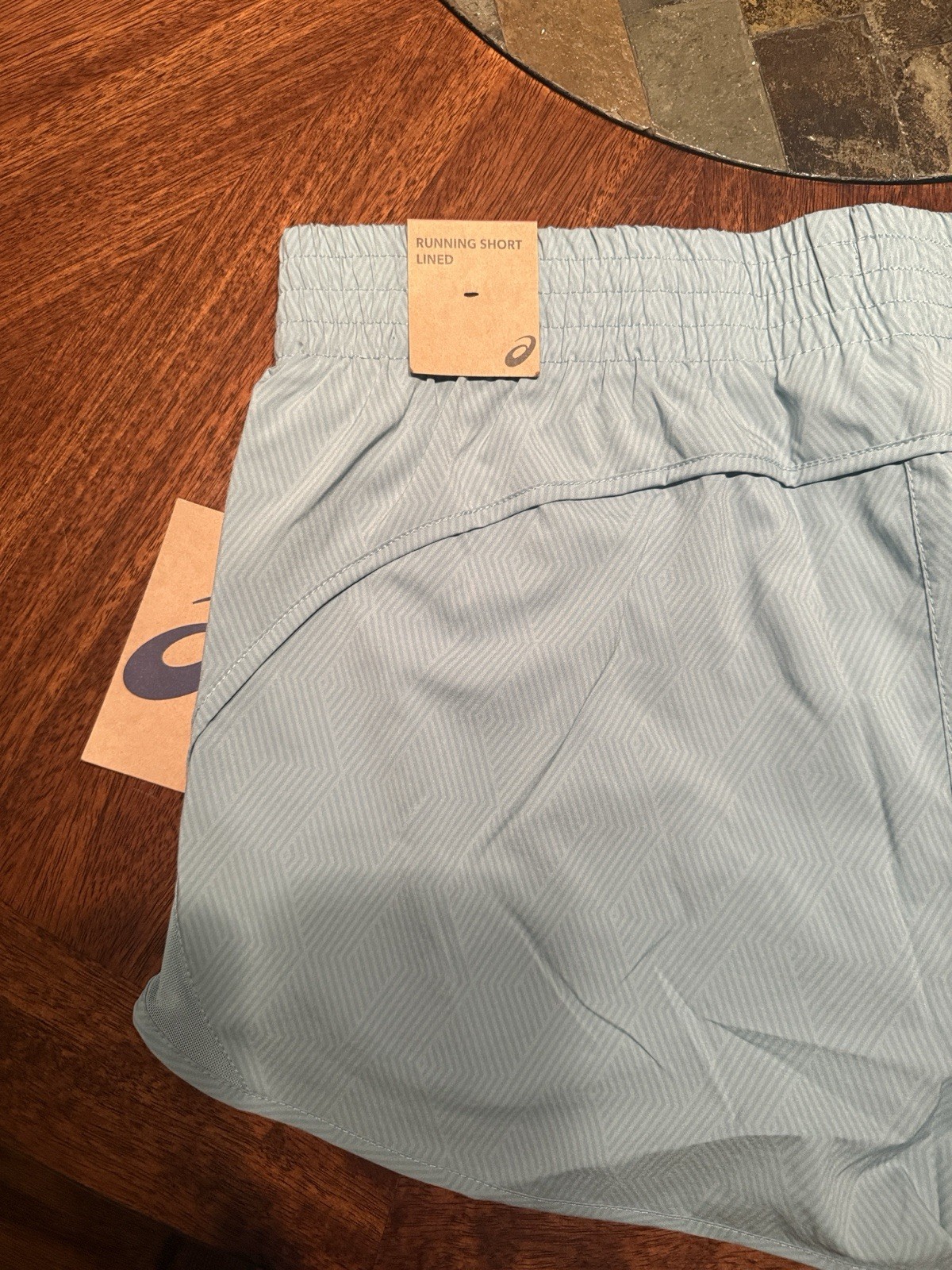 ASICS Women’s Blue Geometric Lined Running Shorts Pockets Drawstring L