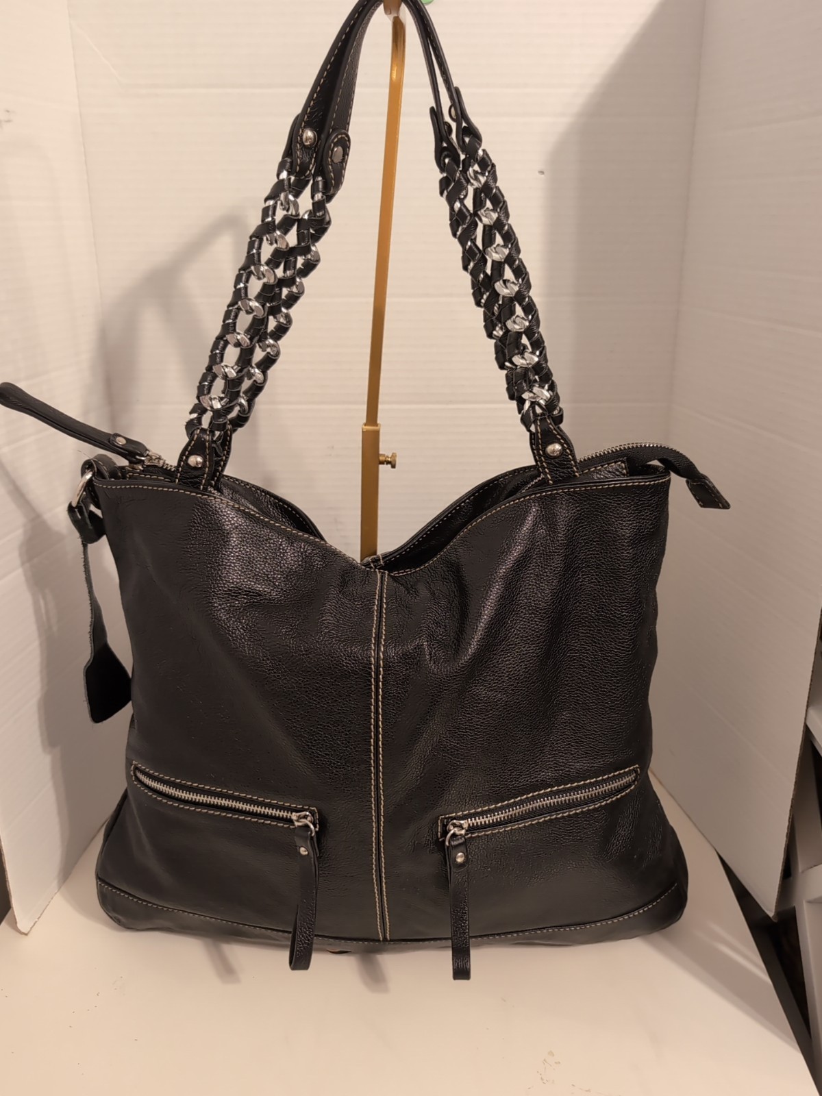 Celsius Black Pebbled Leather Chain Tote Shoulder Bag