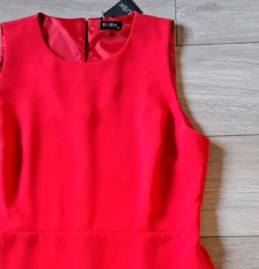 Dusk By Roman Red Stretch Sleeveless Peplum Hem Dress Smart Occasion Office UK16