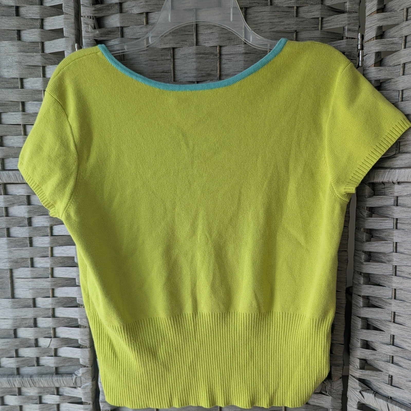 Short Sleeve Sweater Lime Green Beaded Applique Split Neck XL Boho Retro Bright