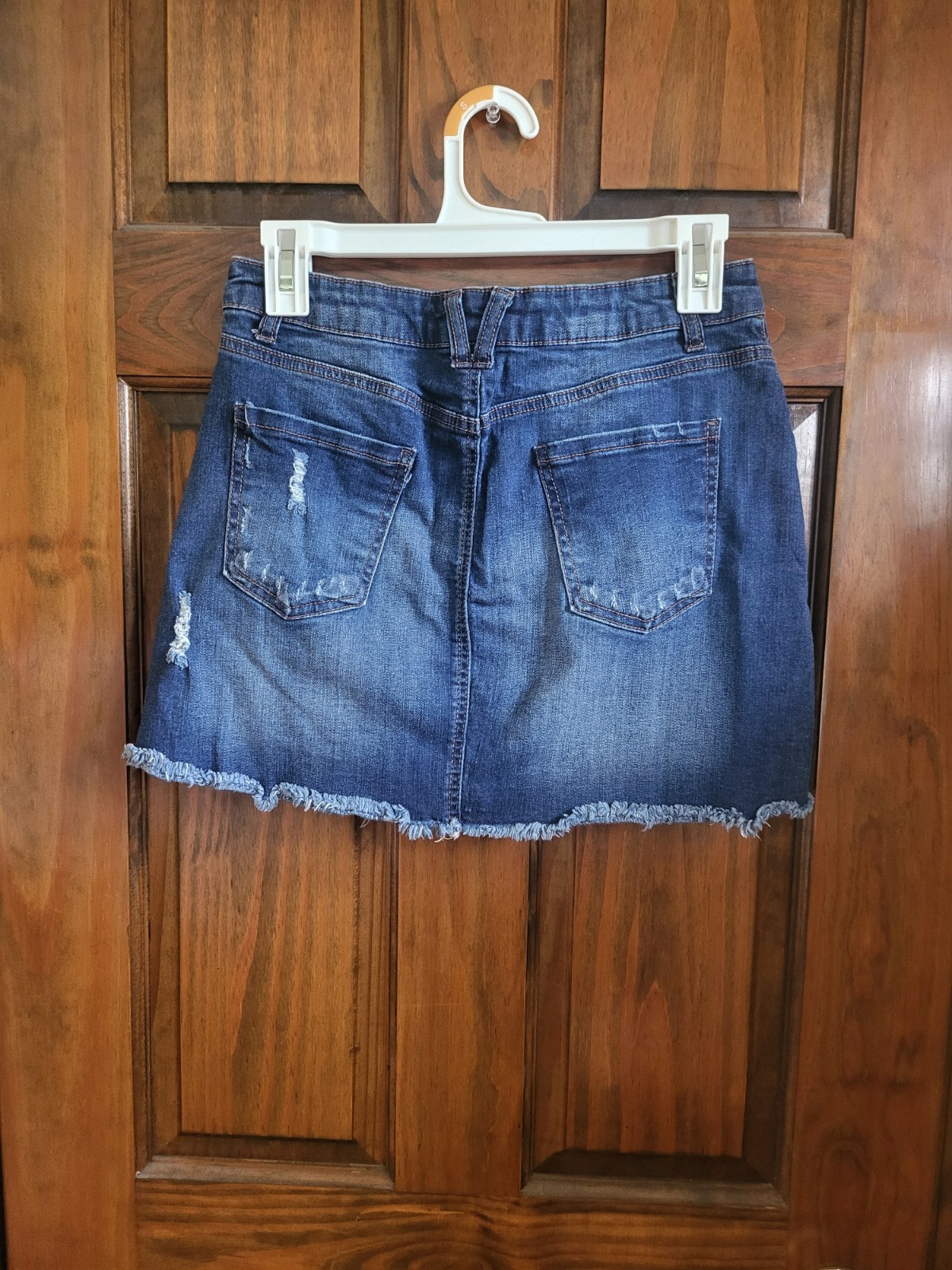 WAX JEAN Blue Denim Mini Skirt M Distressed Fringe Accents Pockets