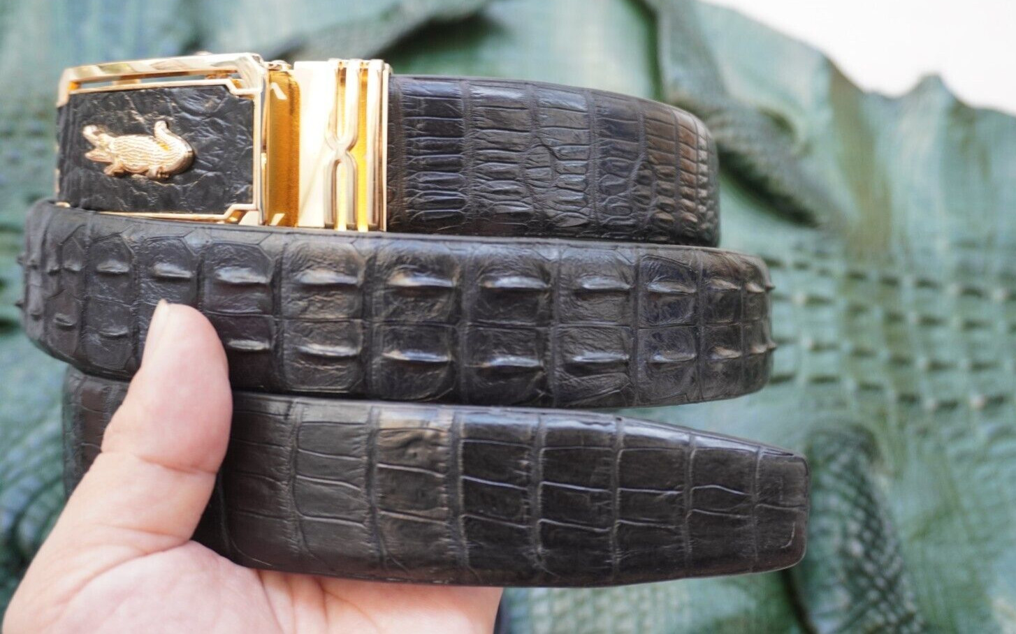 W1.3 inch Black Genuine Crocodile Hornback Leather Skin Men’s Belt Buckle #G79