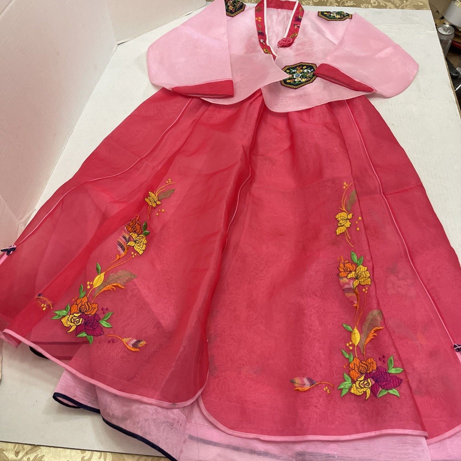 Traditional Korean Hanbok Dress Pink Embroidered Flair 16 Inches Pit To Pit