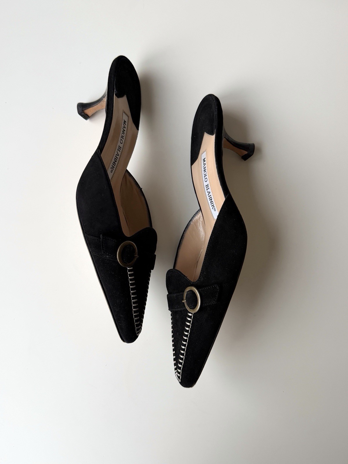 Manolo Blahnik vintage black suede mules, IT 38, ~ US 7.5-8, kitten heel: 2”