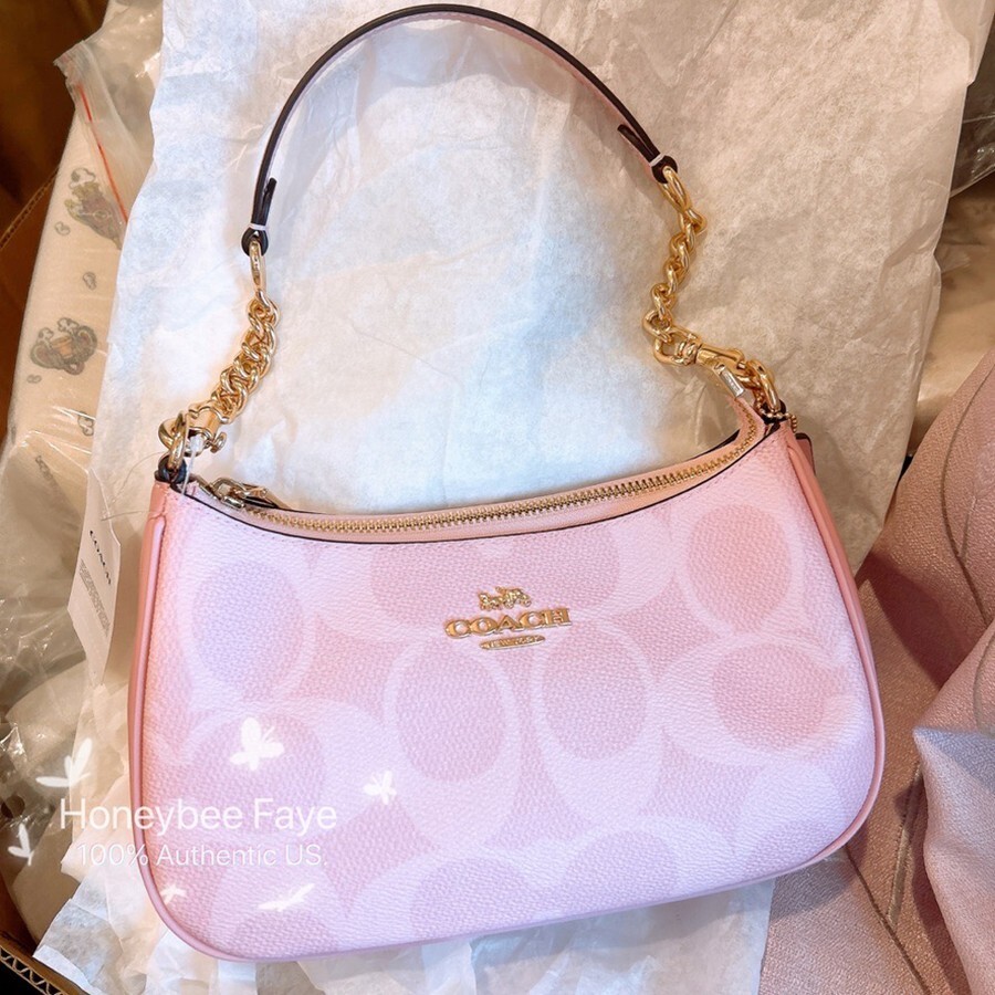 NWT Coach Teri Shoulder Bag In Signature CAL51 Powder Pink plus extended chain