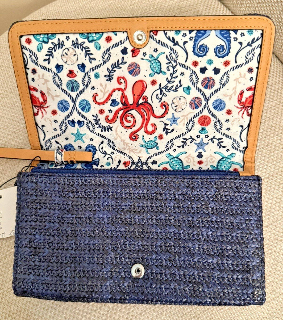 Vera Bradley Straw Wristlet Clutch Navy Blue Pink Star Fish Tropical Embroidered