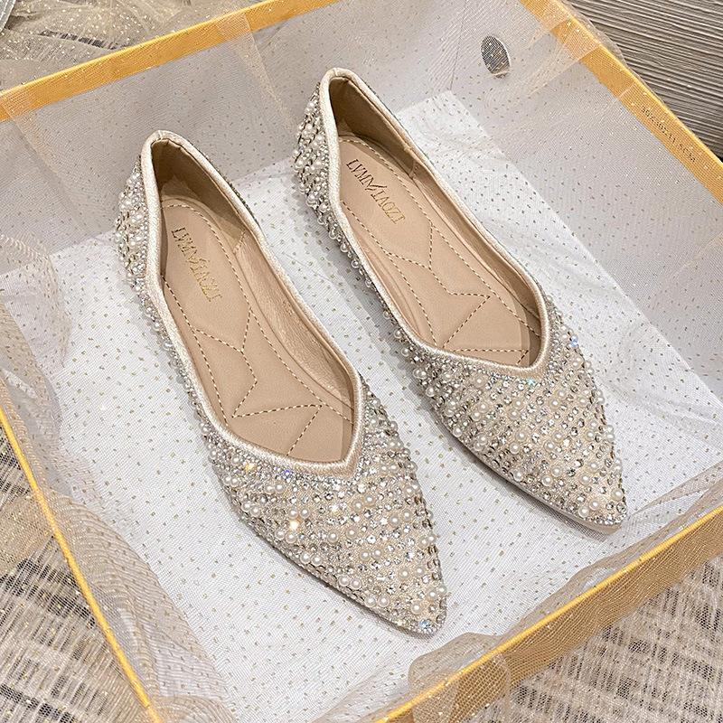 Women’s Rhinestones Flats Office Dress Comfort Soft Beaded Pearls Pumps Shoes