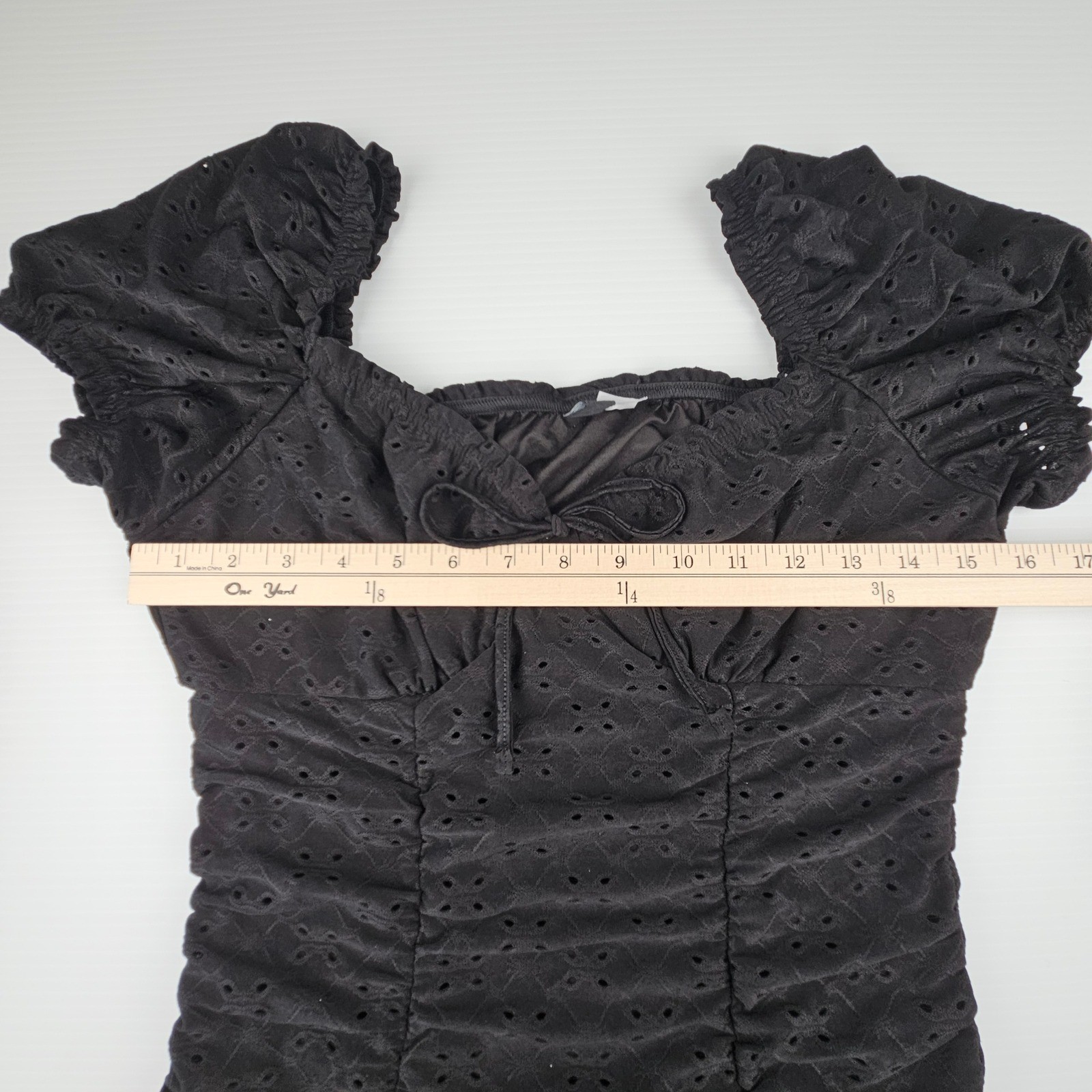 H&M Divided Black Eyelet Ruched Mini Dress Short Puff Sleeve Witchy Whimsigoth M
