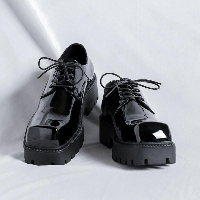 Men’s Shiny Leather Square Toe Platform Dress Business Wedding Shoes Thick Sole