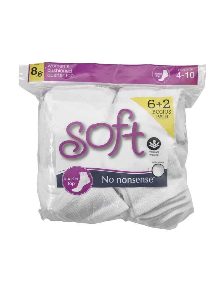 womens Cushion Quarter Top 8 Pair Pack Liner Socks, White, One Size US
