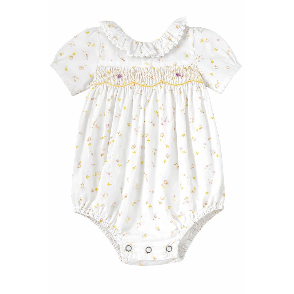 Laurenza’s Baby Girls Chantilly White Smocked Romper with Embroidery