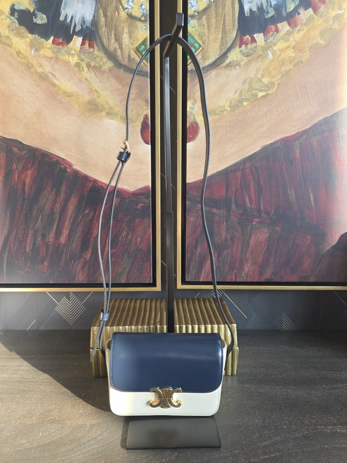 Celine Nano Triomphe Bag in Shiny Calfskin – Navy Blue/Vanilla
