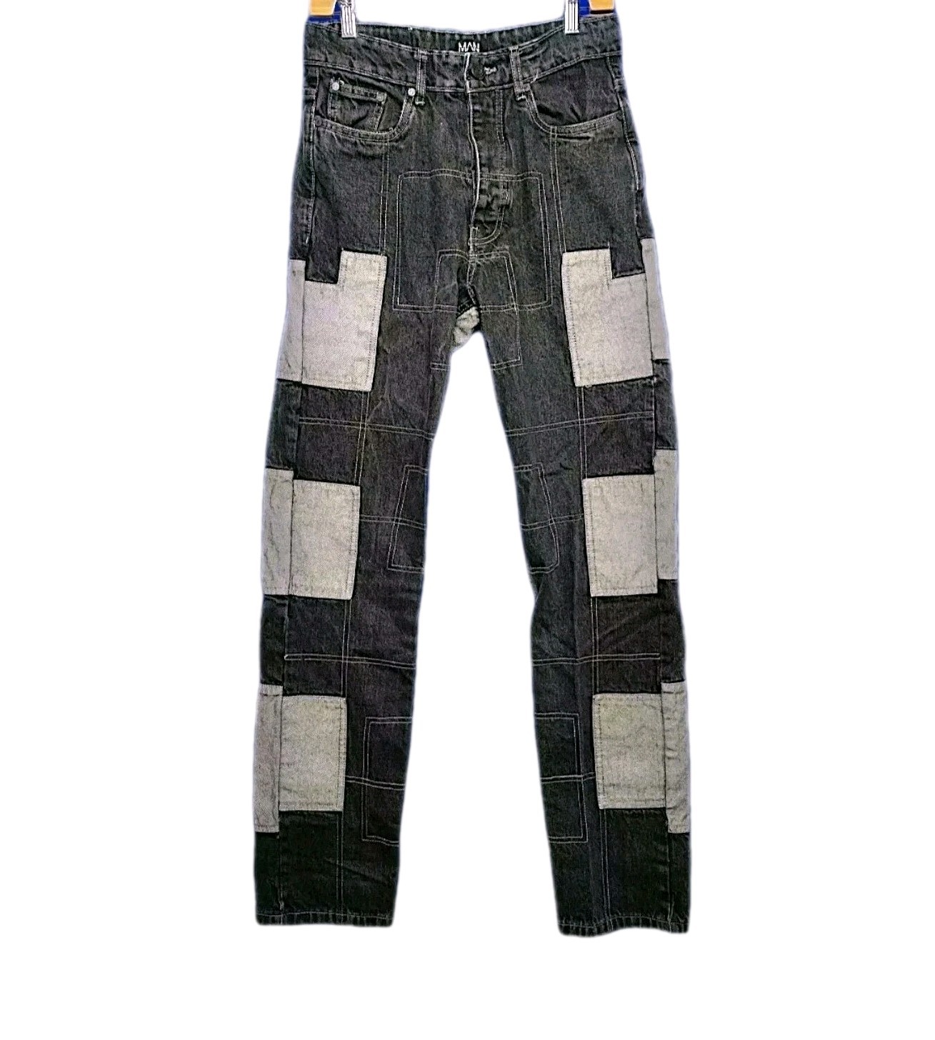 BoohooMan Patchwork Jeans Men’s Size 30×33 Straight Leg Button Fly Black Gray