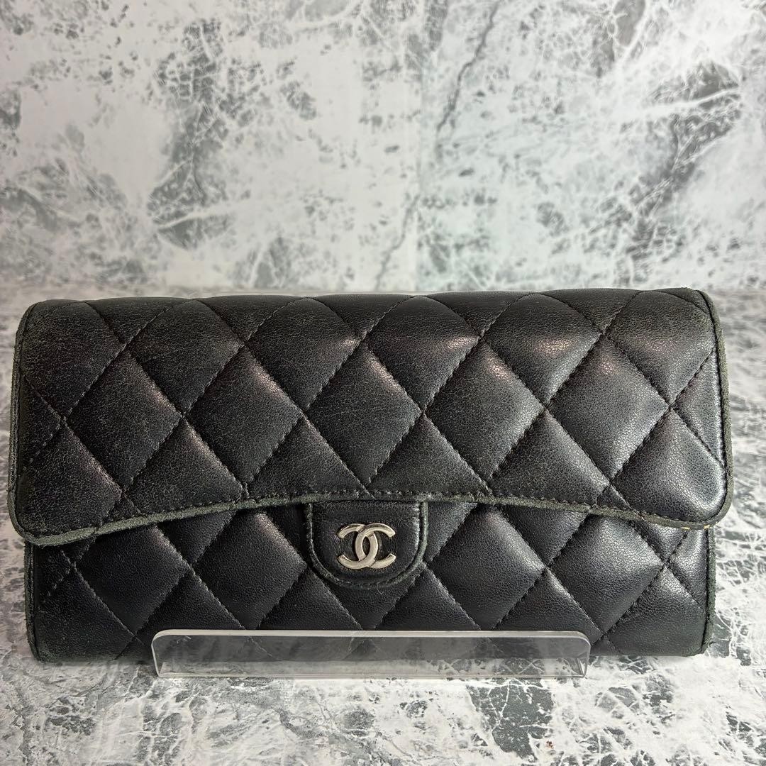 CHANEL Chanel Long Wallet Flap Lambskin Matelass Black