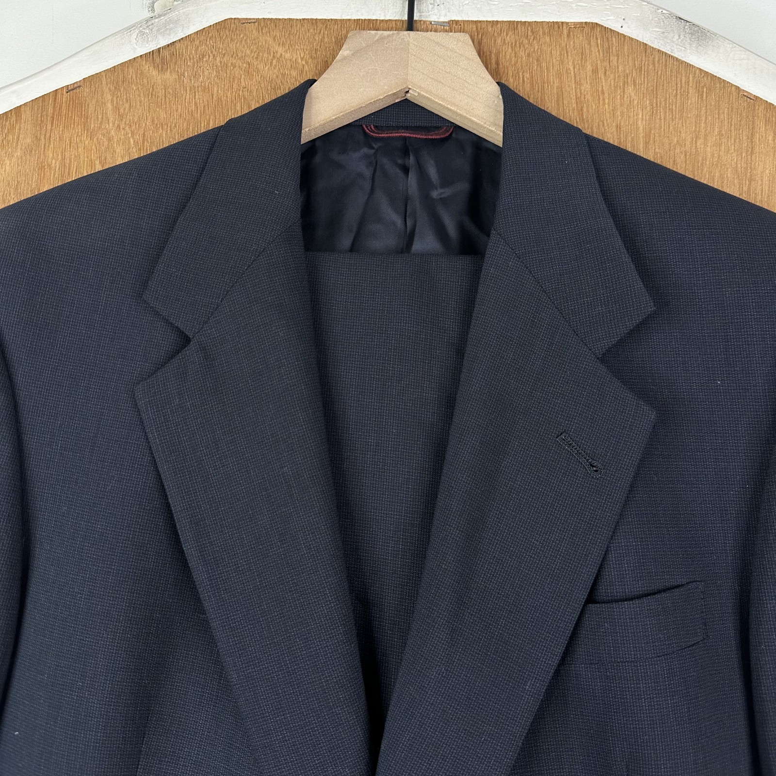 Hart Schaffner Marx Suit Mens 38R Navy Blue Wool Pants 30×29 Pleated Front Solid