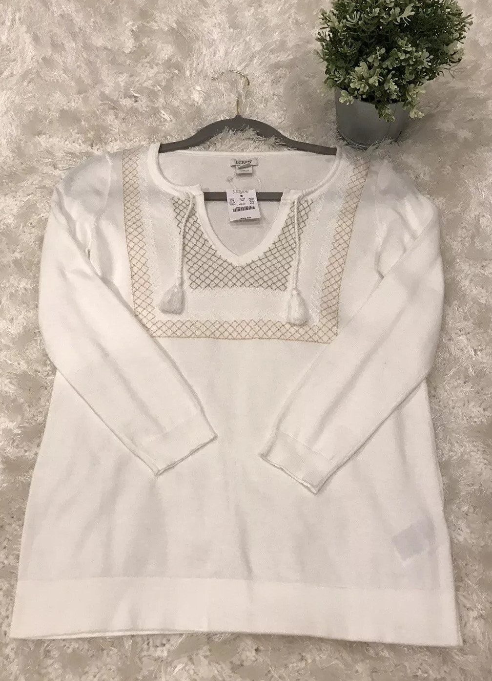 J.Crew Factory Ivory Embroidered V-Neck Sweater XXS NWT