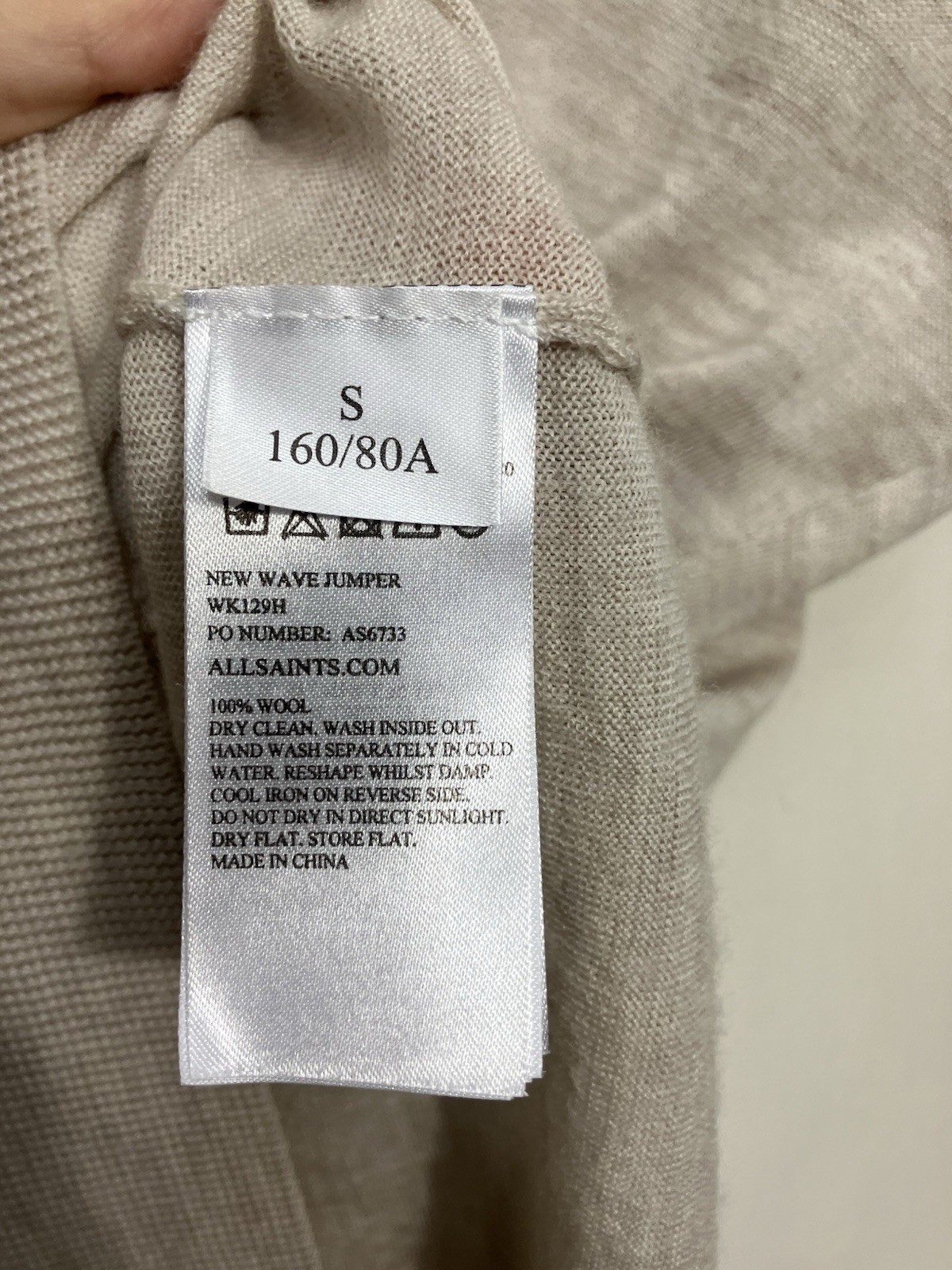 All Saints 100% Merino Wool Jumper Womens Size Small Beige Thin Knit Open Elbow