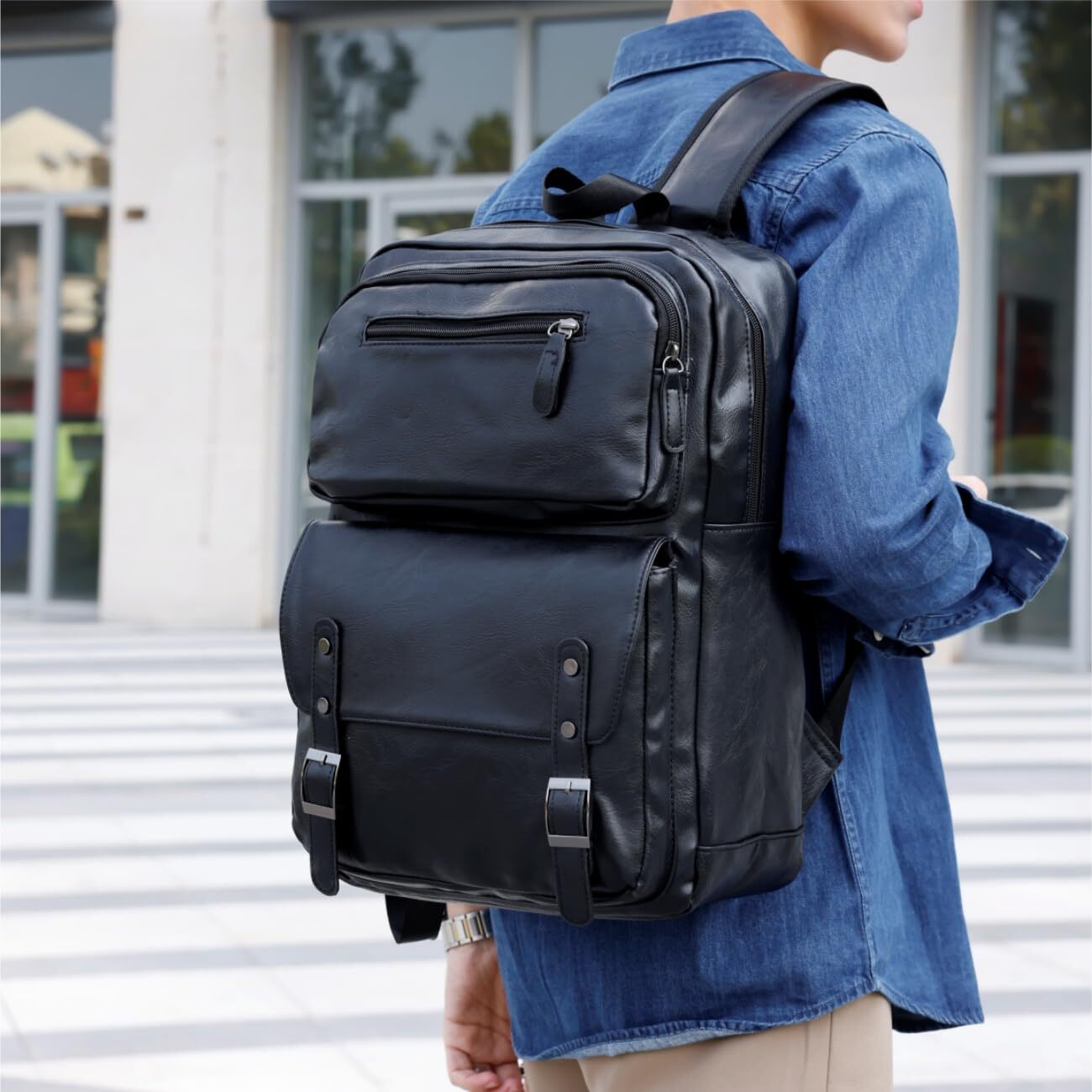 PU Casual Backpack Men’s casual Leather laptop backpack Daily commuter leathe…