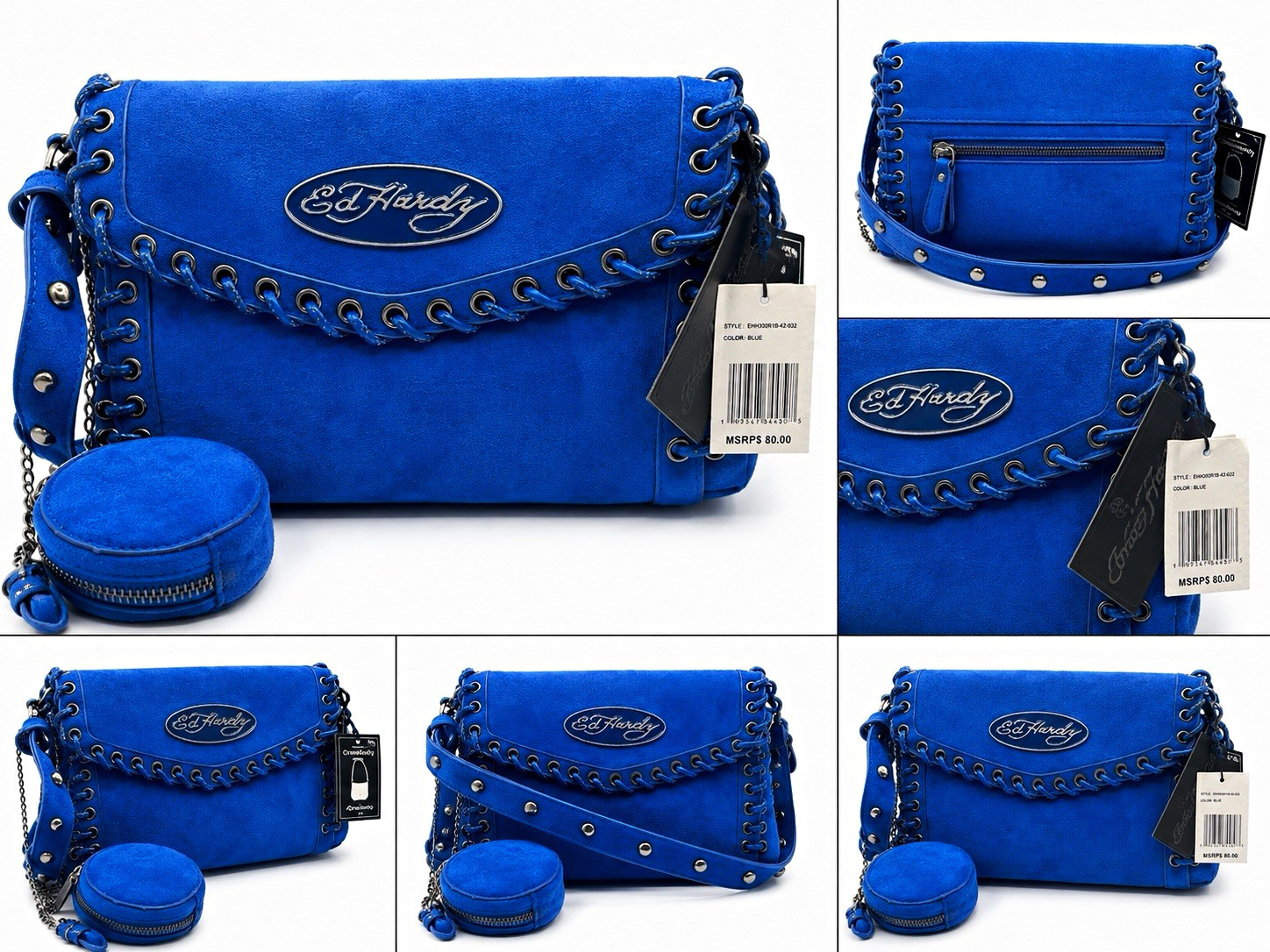 Ed Hardy NWT Blue Lace-Up Crossbody Shoulder Bag matching Coin Purse Vegan