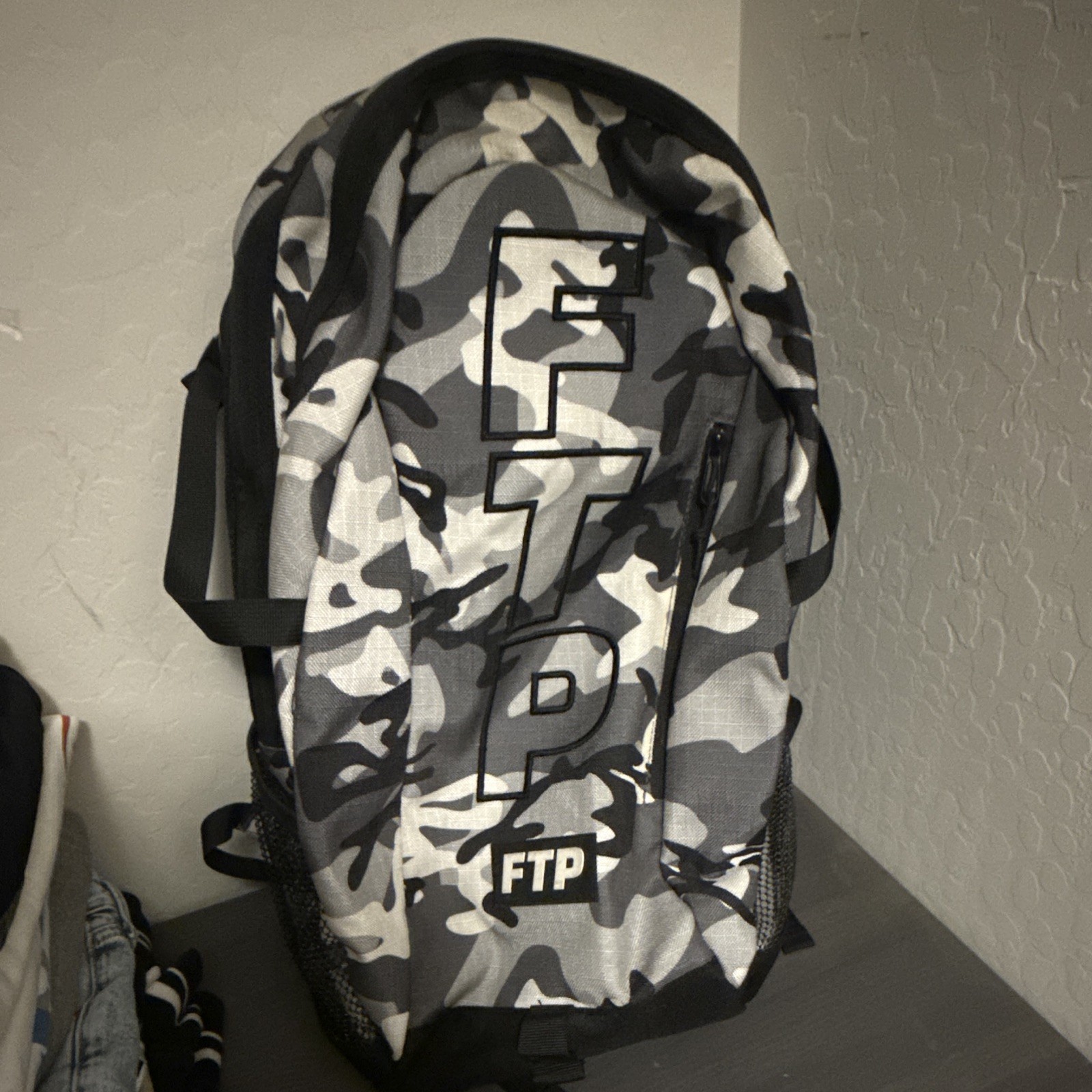 FTP Gray/Black/White Camo Backpack Zip Closure Adjustable Straps Pockets