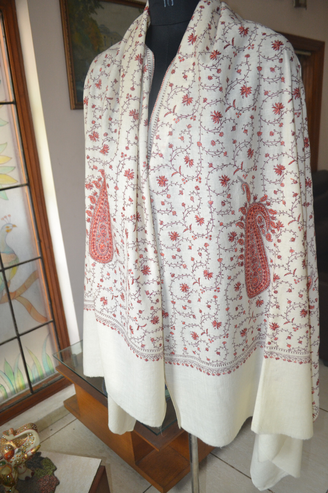 WHITE MICRO JAAL KASHMIRI HAND EMBROIDERY WEDDING SHAWL 100% CASHMERE PASHMINA